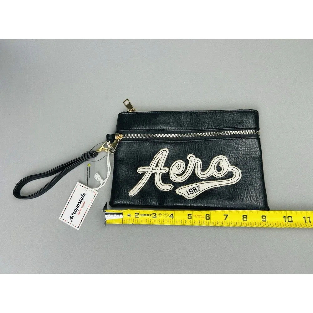 Aeropostale Black Faux Leather Zipper Pouch Cosmetic Clutch‎ Aero Bag NWT